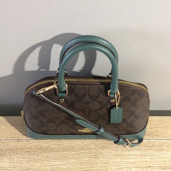Coach Mini Sierra Satchel Signature Canvas Brown Turquoise Crossbody Bag F34290 - Picture 7 of 16